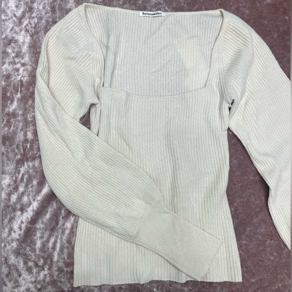 Reformation Piazza Ecru Recycled Cashmere Square Neck Balloon Sleeve Sweater